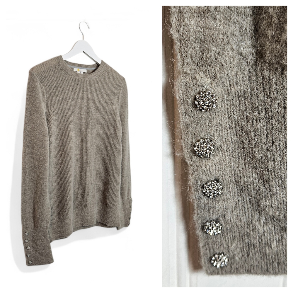 Boden Oatmeal Alpaca Wool Fluffy Sweater Jewel Button Cuff Cozy Neutral M